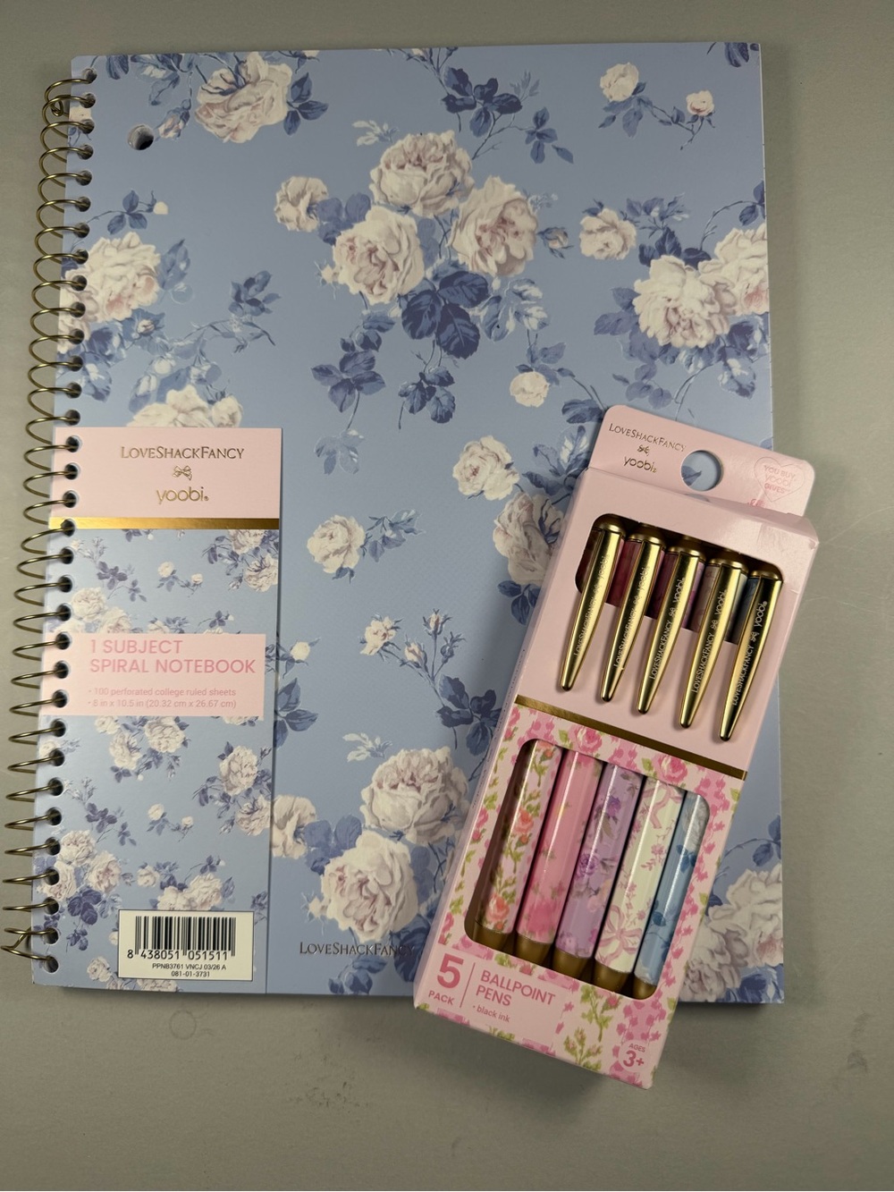 LoveShackFancy Floral Spiral Notebook & 5-Pack Ballpoint Pens - Blue/Pink